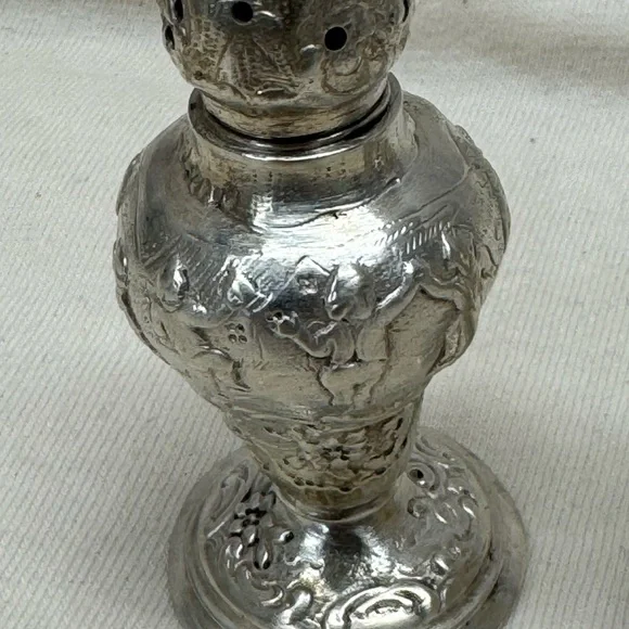 Antique Coin Silver Repousse Salt & Pepper Shakers Figural Dancing Scene 19c